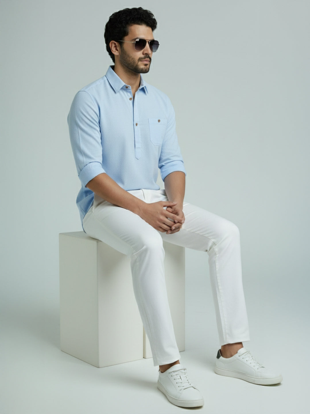 TerraDesi Men's Solid Cotton Short Kurta | Casual Full Sleeve Regular Fit (SE89)