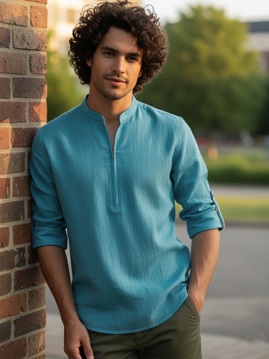 TerraDesi Sand Beige Cotton Kurta for Men | Zipper Closure Mandarin Collar Kurta