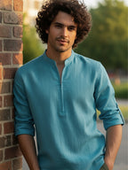 TerraDesi Sand Beige Cotton Kurta for Men | Zipper Closure Mandarin Collar Kurta
