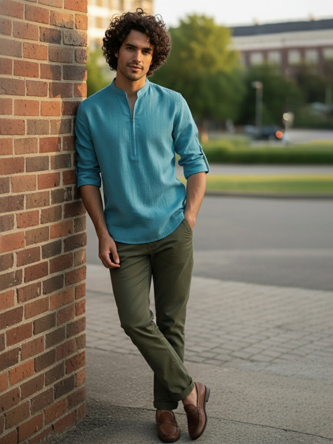 TerraDesi Sand Beige Cotton Kurta for Men | Zipper Closure Mandarin Collar Kurta