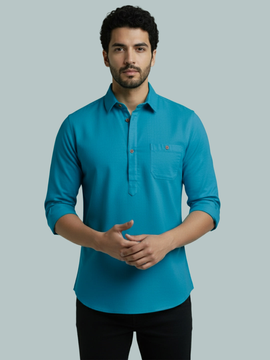 TerraDesi Men's Solid Cotton Short Kurta | Casual Full Sleeve Regular Fit (SE89)