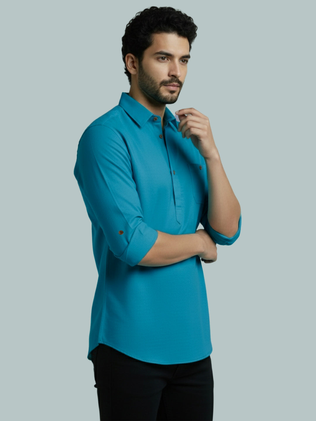 TerraDesi Men's Solid Cotton Short Kurta | Casual Full Sleeve Regular Fit (SE89)