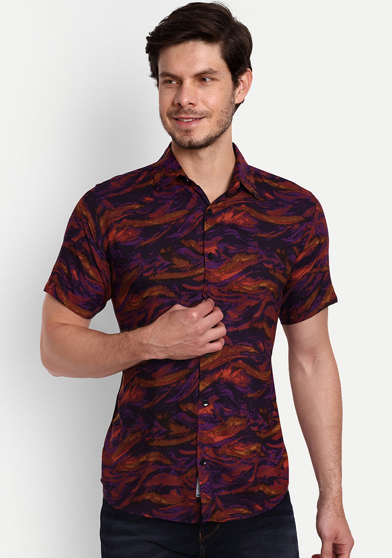 TerraDesi Dark Wave Abstract Print Rayon Shirt – Wine & Purple Statement Wear