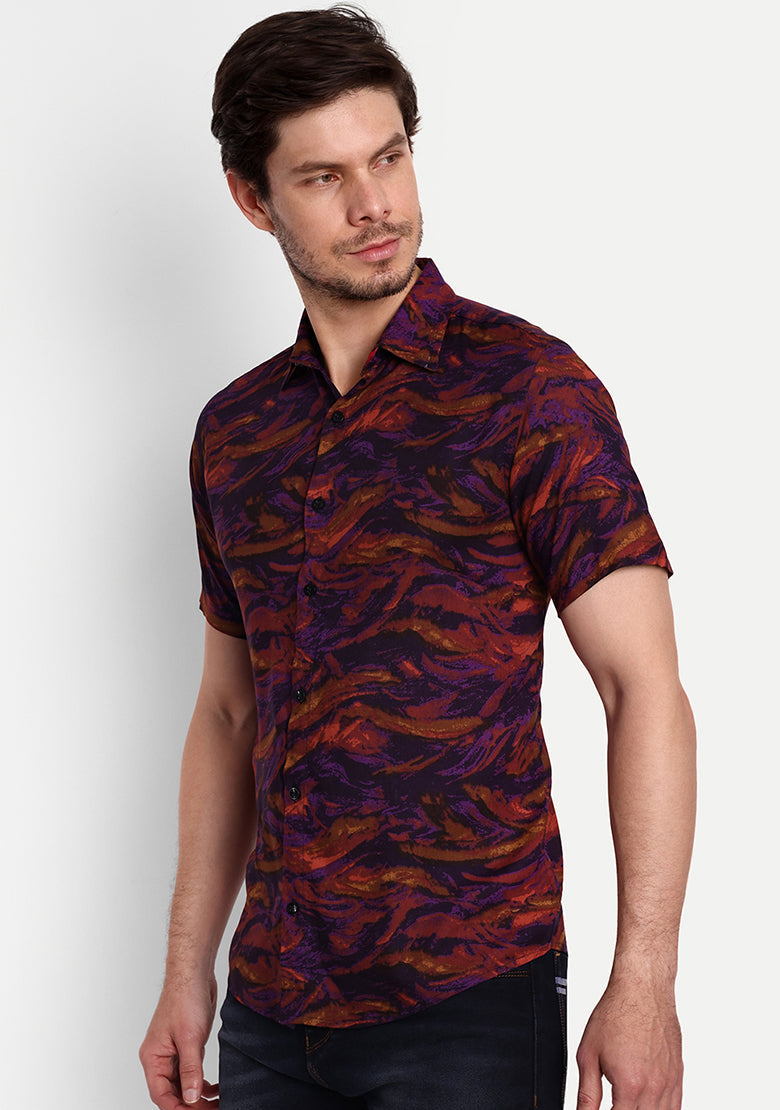 TerraDesi Dark Wave Abstract Print Rayon Shirt – Wine & Purple Statement Wear
