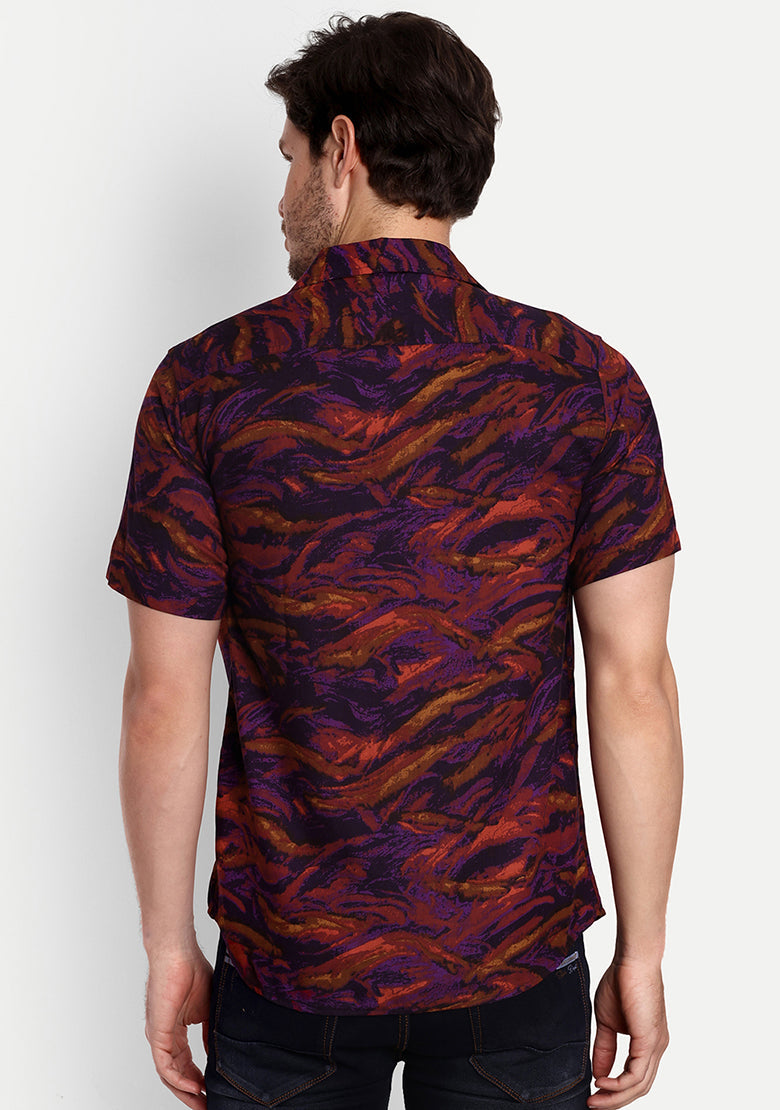 TerraDesi Dark Wave Abstract Print Rayon Shirt – Wine & Purple Statement Wear