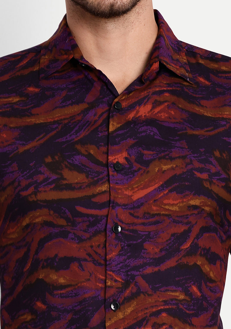 TerraDesi Dark Wave Abstract Print Rayon Shirt – Wine & Purple Statement Wear