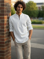 TerraDesi Sand Beige Cotton Kurta for Men | Zipper Closure Mandarin Collar Kurta