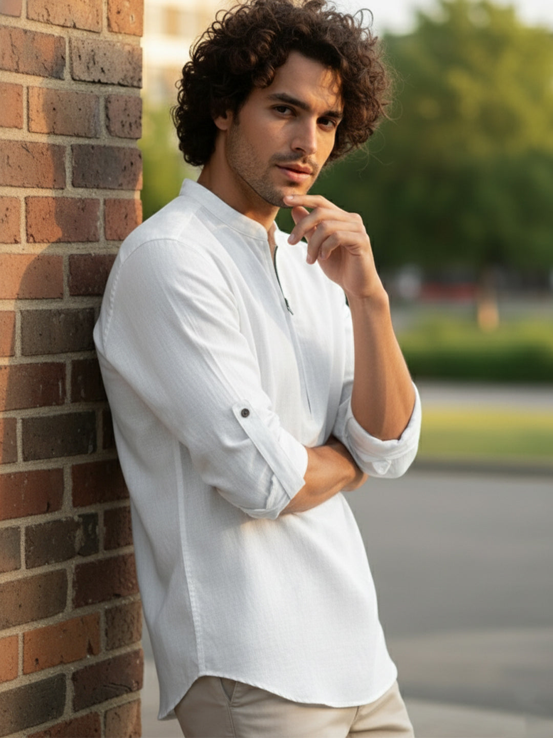 TerraDesi Sand Beige Cotton Kurta for Men | Zipper Closure Mandarin Collar Kurta
