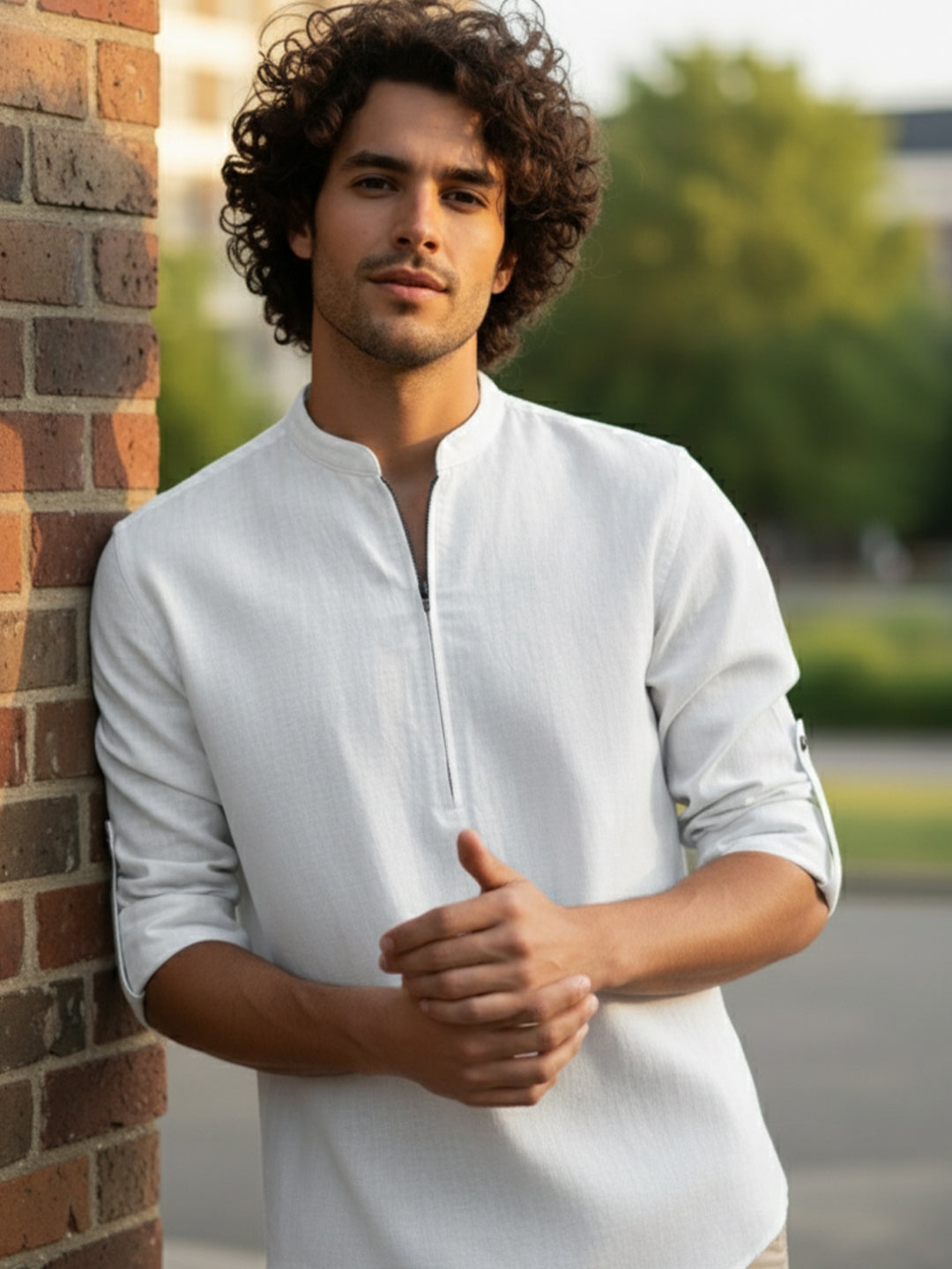 TerraDesi Sand Beige Cotton Kurta for Men | Zipper Closure Mandarin Collar Kurta