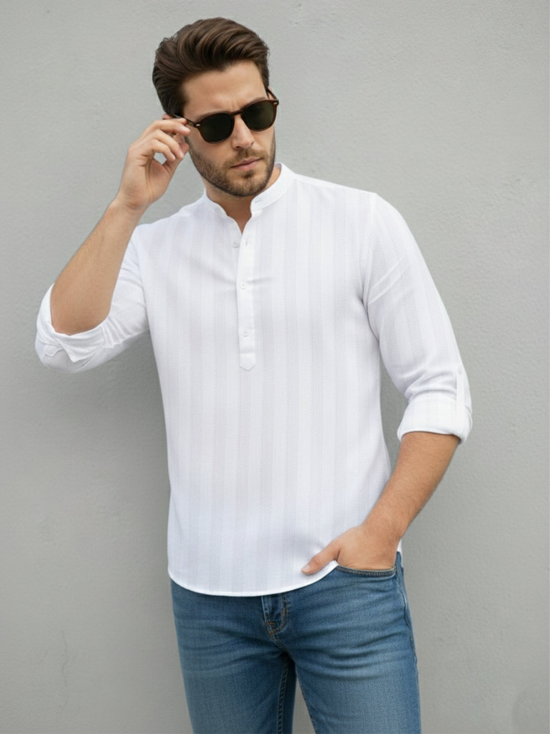 100% Cotton White Mens Strip Full Sleeve Kurta Secondary image