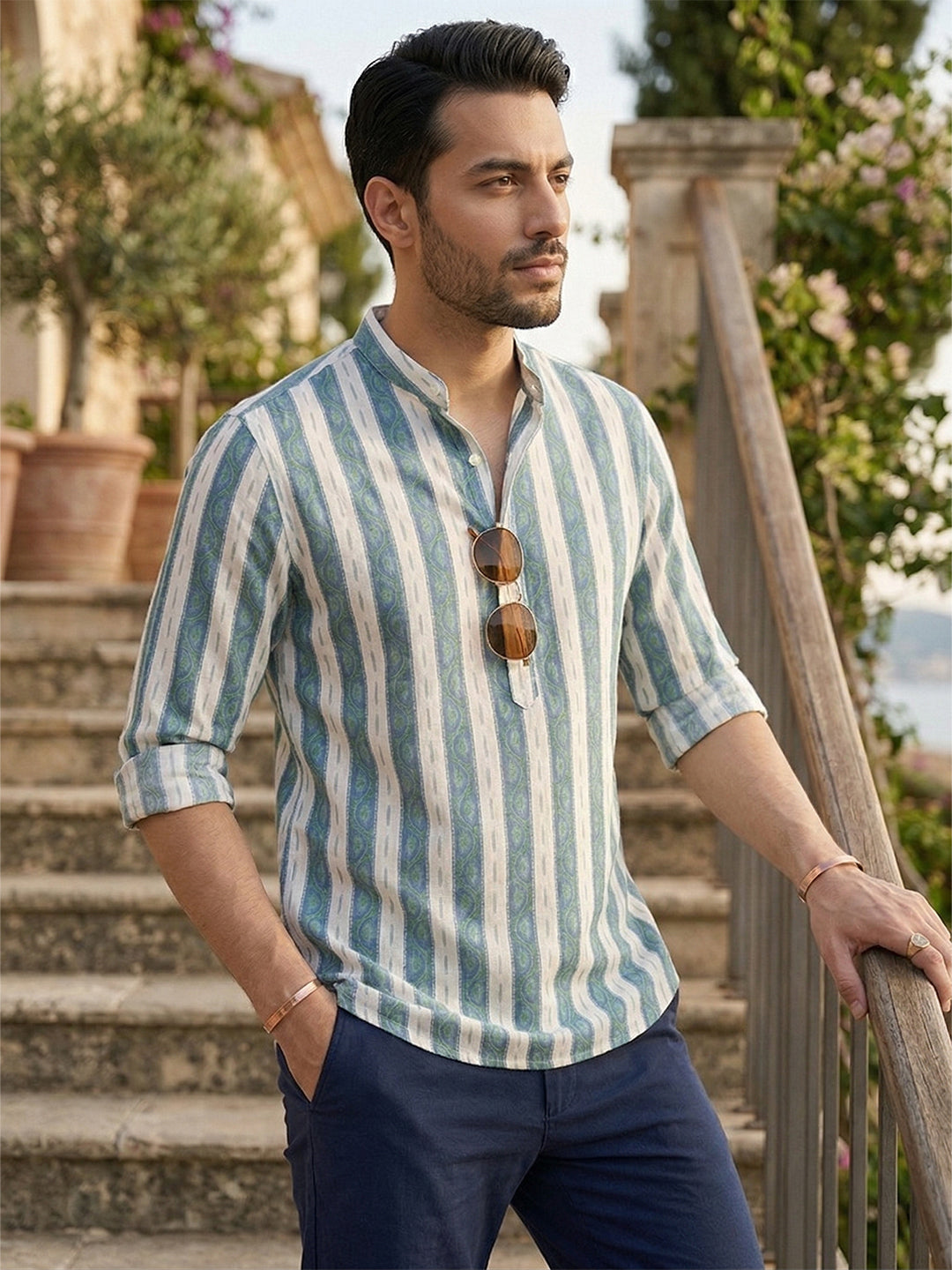 TerraDesi Teal Paisley Striped Cotton Kurta for Men | Mandarin Collar Casual Kurta Main image