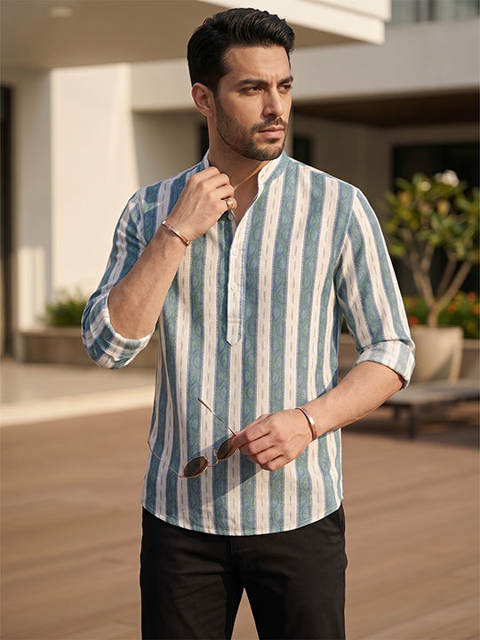 TerraDesi Teal Paisley Striped Cotton Kurta for Men | Mandarin Collar Casual Kurta