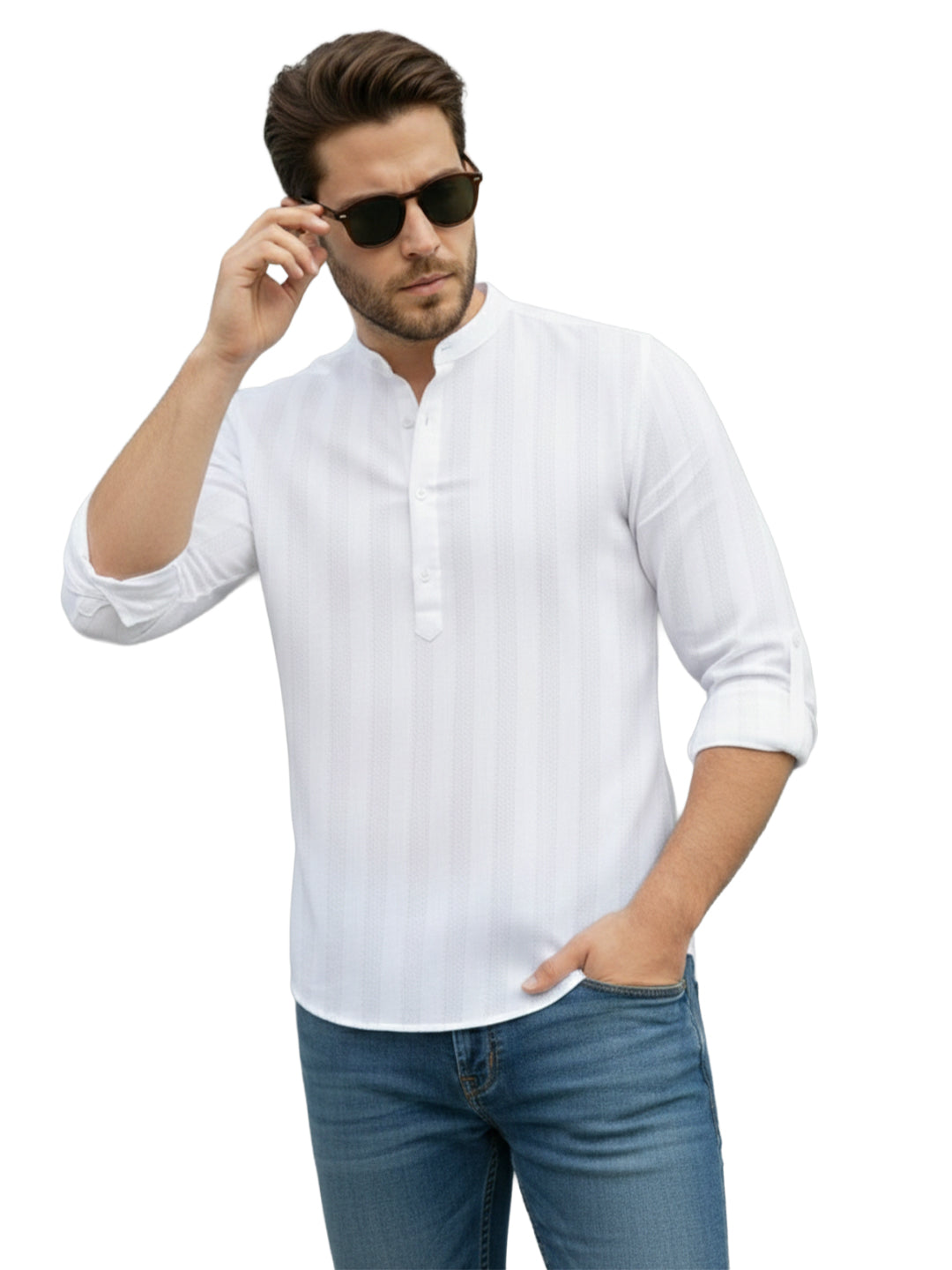 TerraDesi Aravon Pure White Vertical Stripe Cotton Short Kurta