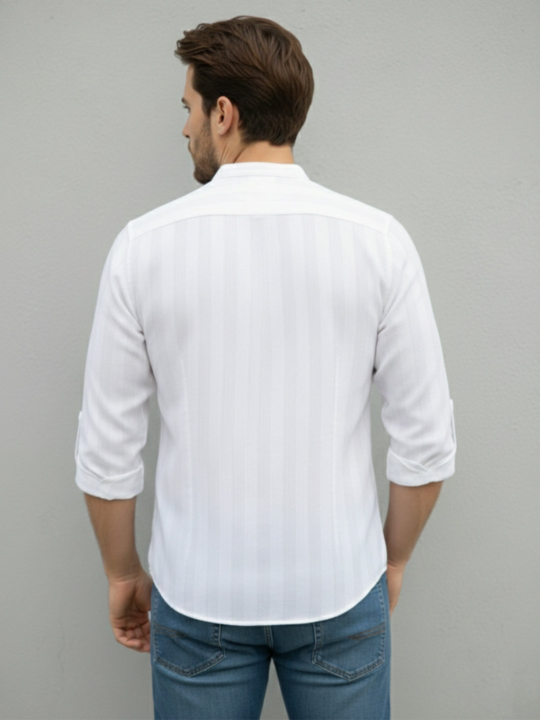 TerraDesi Aravon Pure White Vertical Stripe Cotton Short Kurta