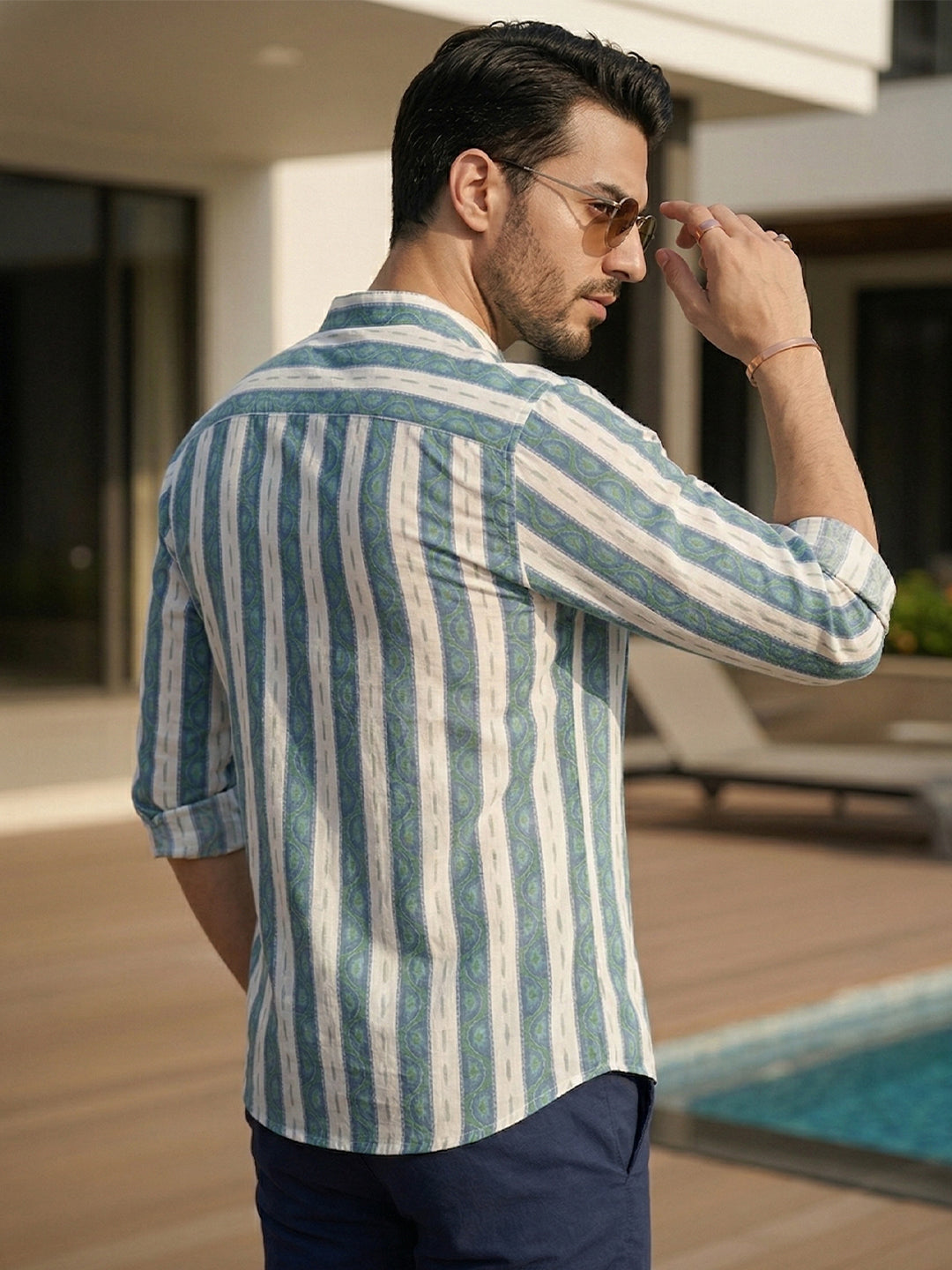 TerraDesi Teal Paisley Striped Cotton Kurta for Men | Mandarin Collar Casual Kurta