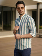 TerraDesi Teal Paisley Striped Cotton Kurta for Men | Mandarin Collar Casual Kurta