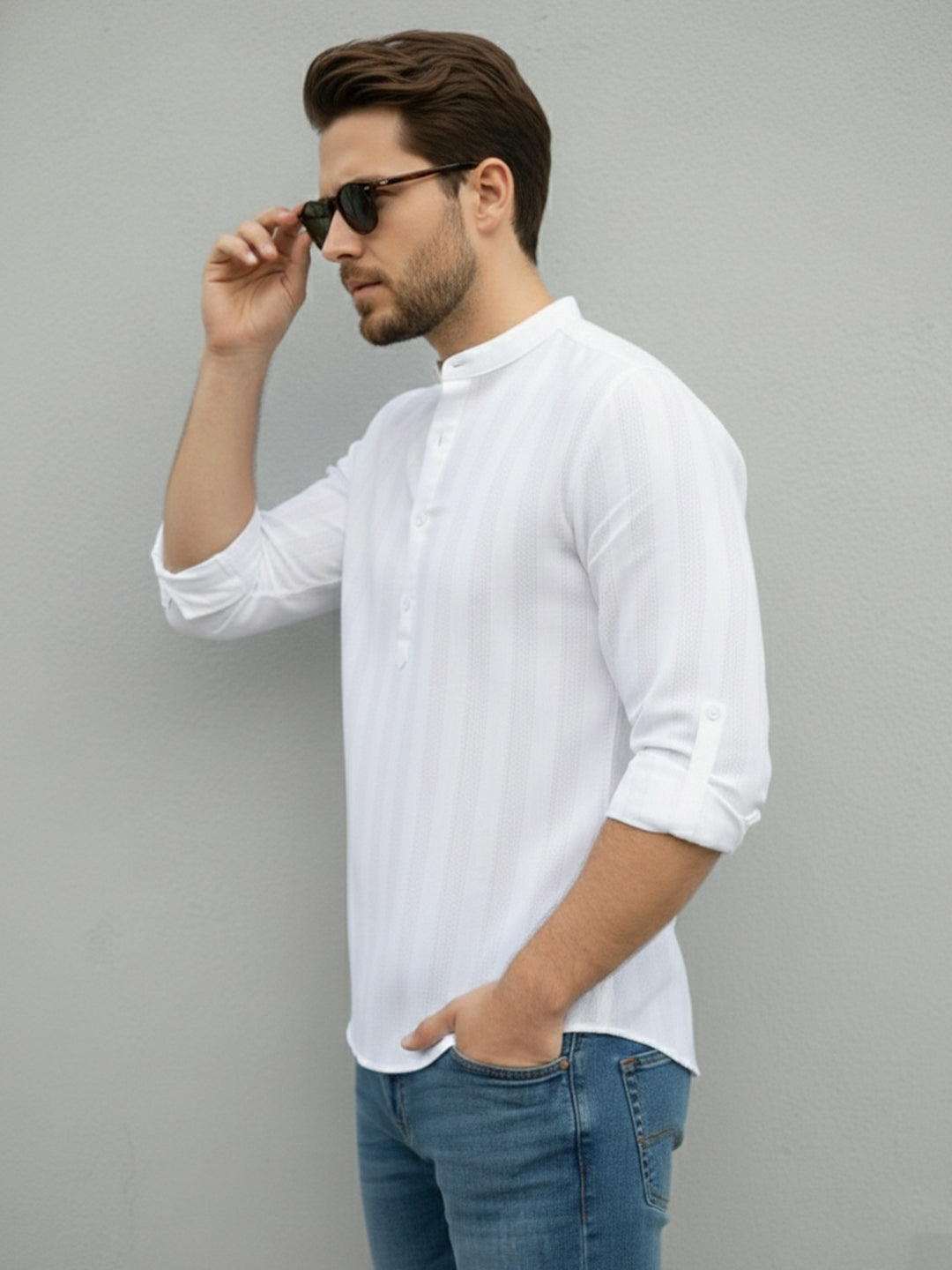 TerraDesi Aravon Pure White Vertical Stripe Cotton Short Kurta