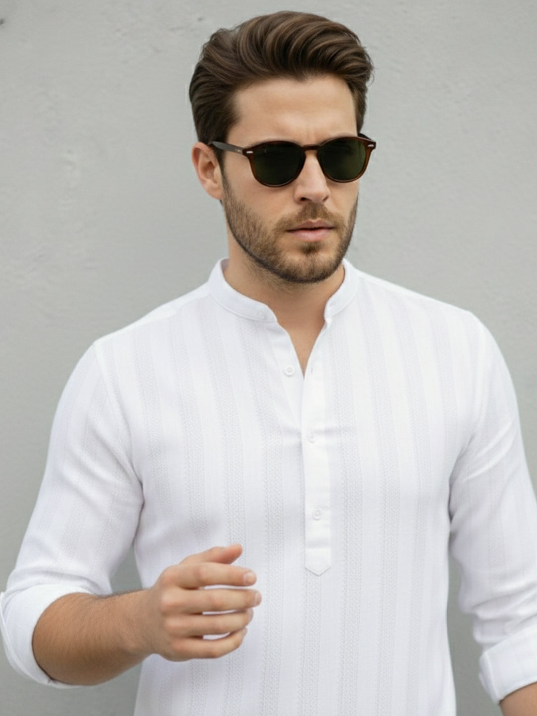 TerraDesi Aravon Pure White Vertical Stripe Cotton Short Kurta