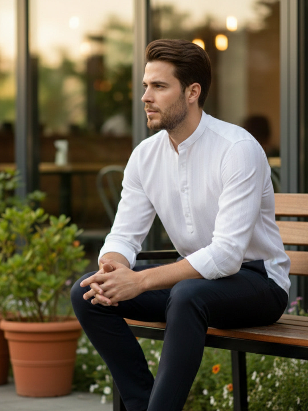 100% Cotton White Mens Strip Full Sleeve Kurta Main image