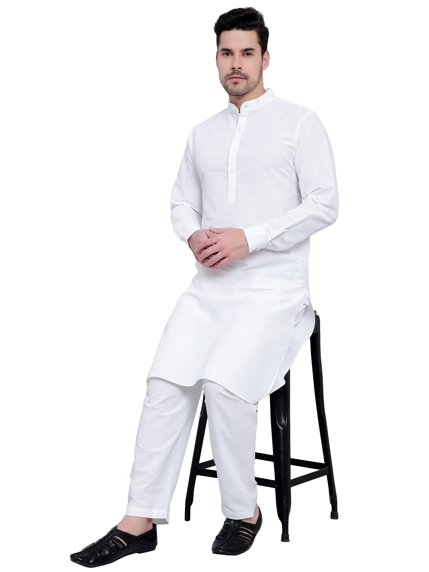 TerraDesi Royal Ivory Mandarin Collar Cotton Kurta Pajama Set
