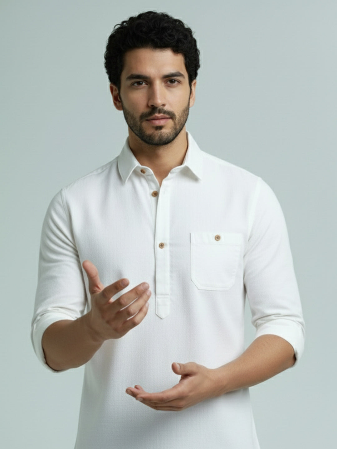 TerraDesi Men's Solid Cotton Short Kurta | Casual Full Sleeve Regular Fit (SE89)
