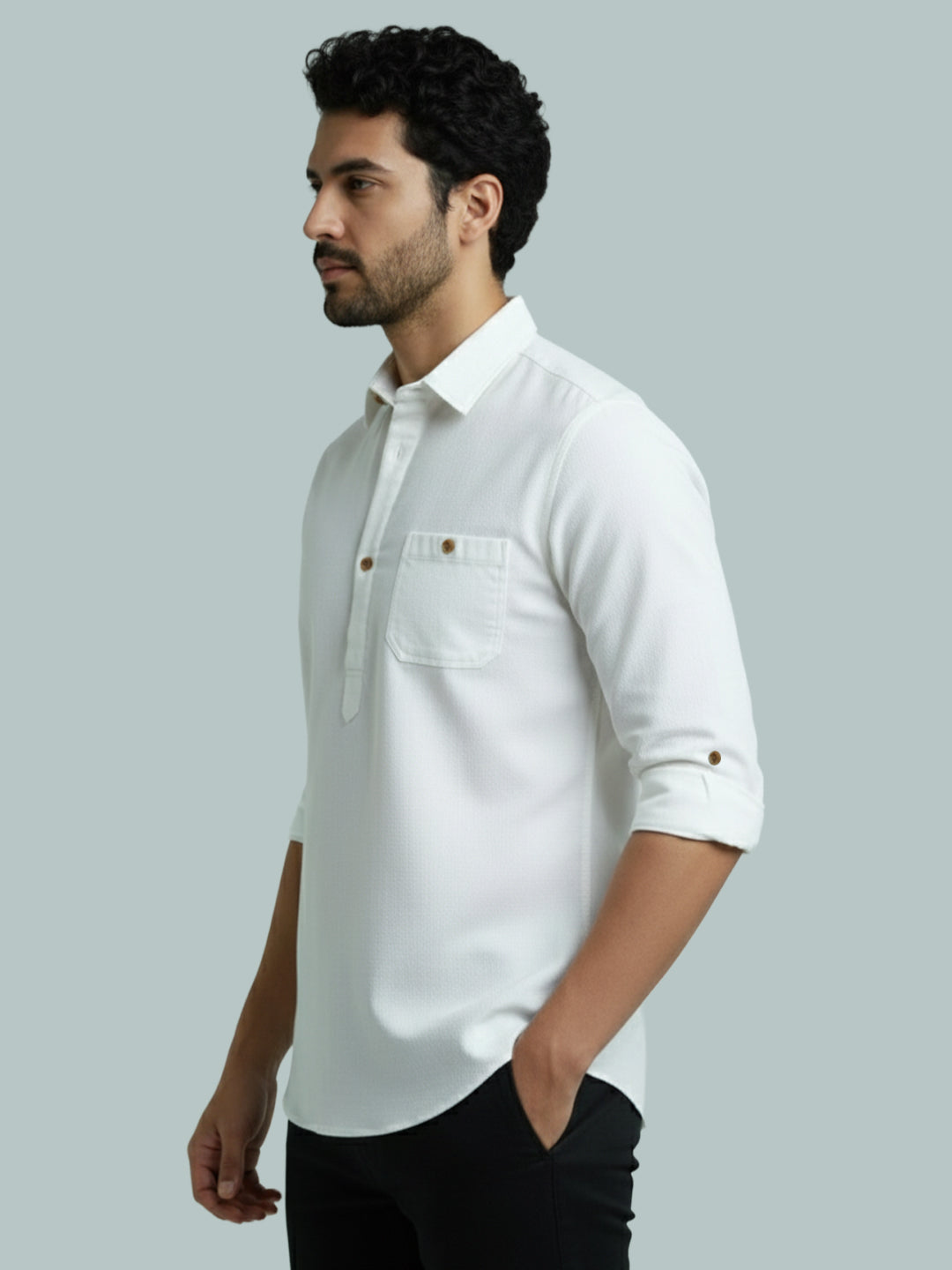 TerraDesi Men's Solid Cotton Short Kurta | Casual Full Sleeve Regular Fit (SE89)