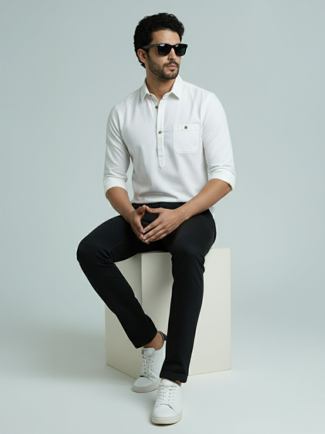 TerraDesi Men's Solid Cotton Short Kurta | Casual Full Sleeve Regular Fit (SE89)