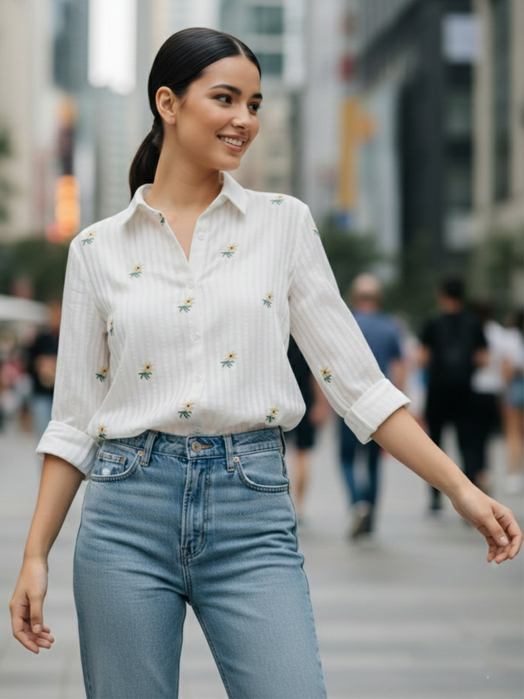 Elegant White Dobby Shirt with Minimal Floral Embroidery for Women – Premium Regular Fit Casual & Weekend Wear