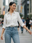 Elegant White Dobby Shirt with Minimal Floral Embroidery for Women – Premium Regular Fit Casual & Weekend Wear