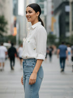 Elegant White Dobby Shirt with Minimal Floral Embroidery for Women – Premium Regular Fit Casual & Weekend Wear