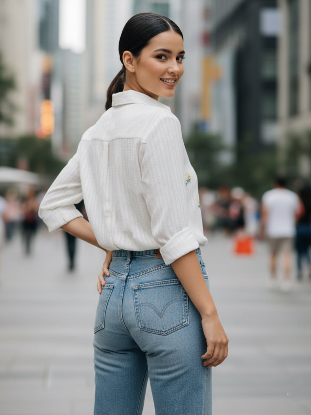 Elegant White Dobby Shirt with Minimal Floral Embroidery for Women – Premium Regular Fit Casual & Weekend Wear