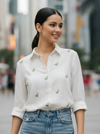 Elegant White Dobby Shirt with Minimal Floral Embroidery for Women – Premium Regular Fit Casual & Weekend Wear
