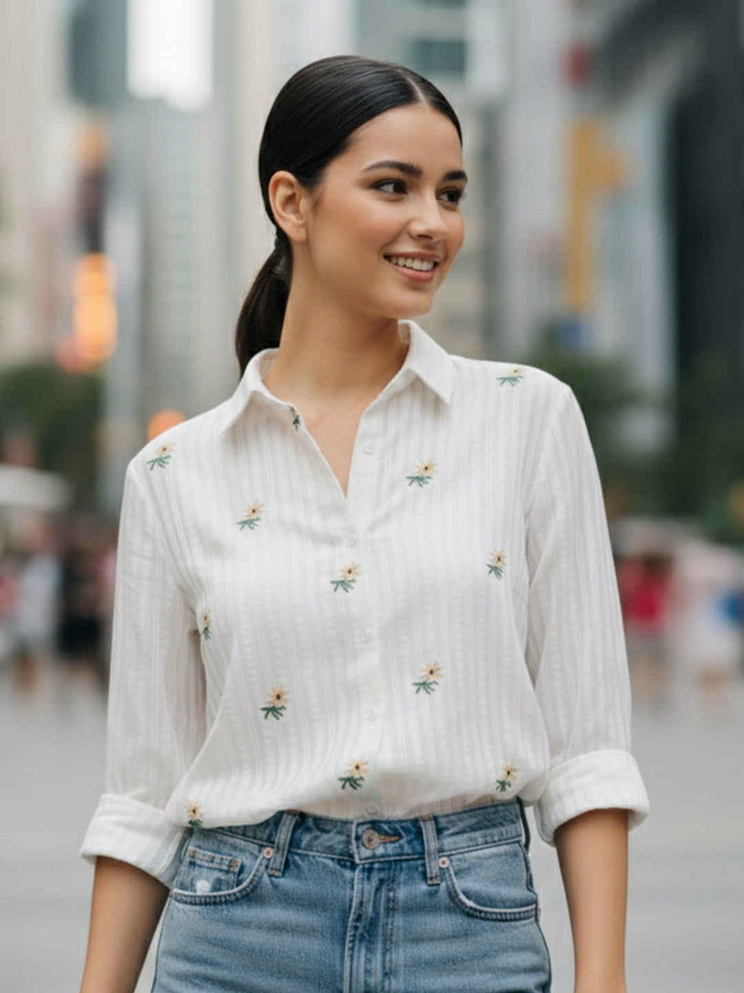 Elegant White Dobby Shirt with Minimal Floral Embroidery for Women – Premium Regular Fit Casual & Weekend Wear