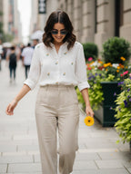 Elegant White Dobby Shirt with Minimal Floral Embroidery for Women – Premium Regular Fit Casual & Weekend Wear
