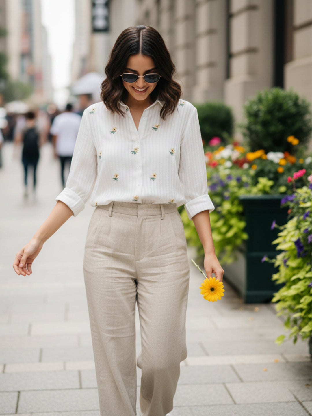 Elegant White Dobby Shirt with Minimal Floral Embroidery for Women – Premium Regular Fit Casual & Weekend Wear
