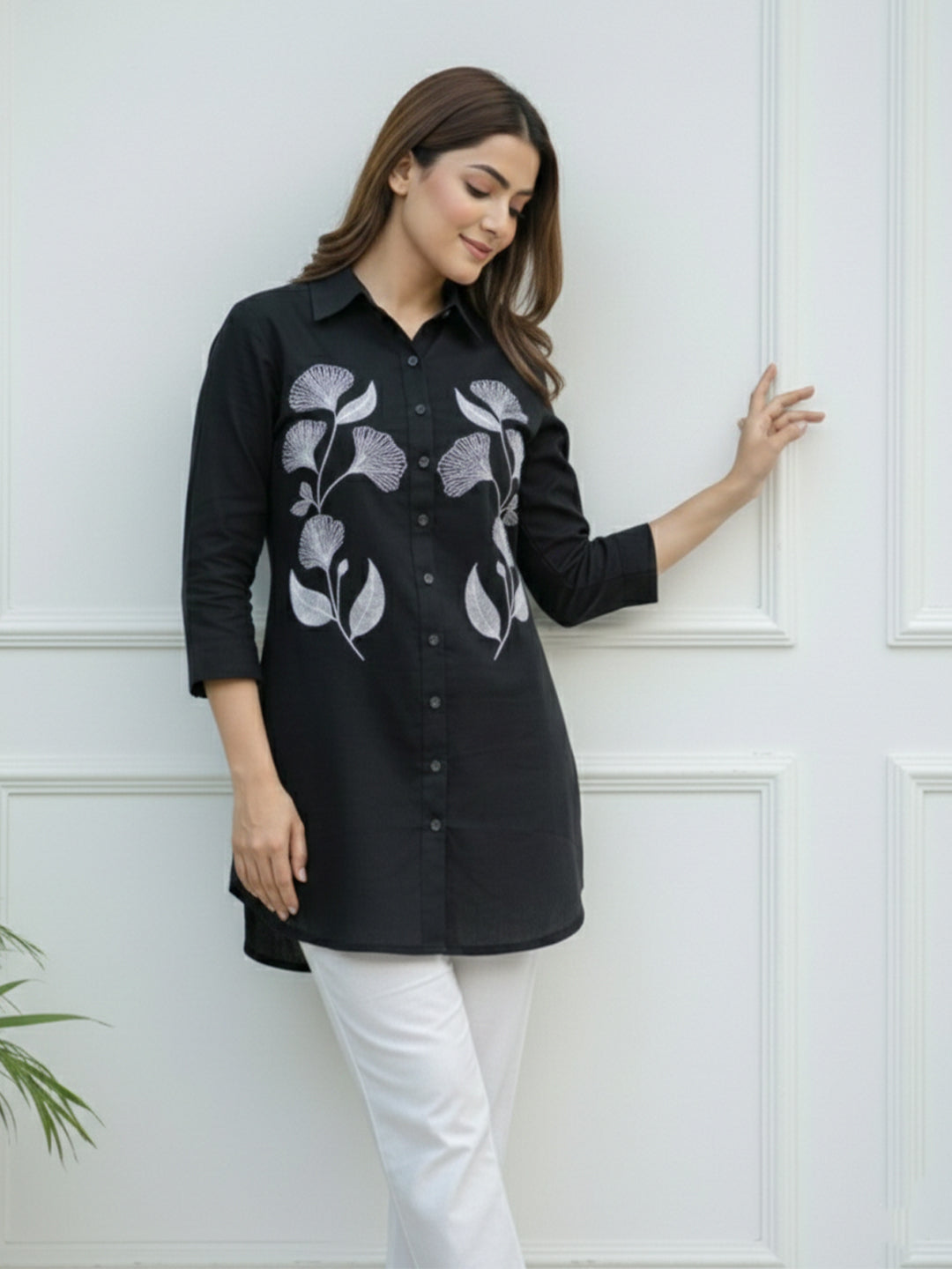 TerraDesi Noir Bloom Embroidered Crepe Shirt – Elegant Black Statement Main image