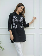 TerraDesi Noir Bloom Embroidered Crepe Shirt – Elegant Black Statement