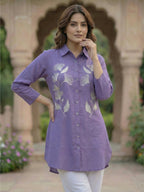 TerraDesi Lavender Bloom Embroidered Crepe Shirt – Soft Royal Elegance