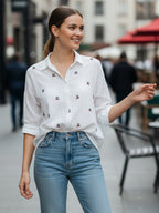 Cherry Muse White Dobby Shirt with Delicate Embroidery for Women