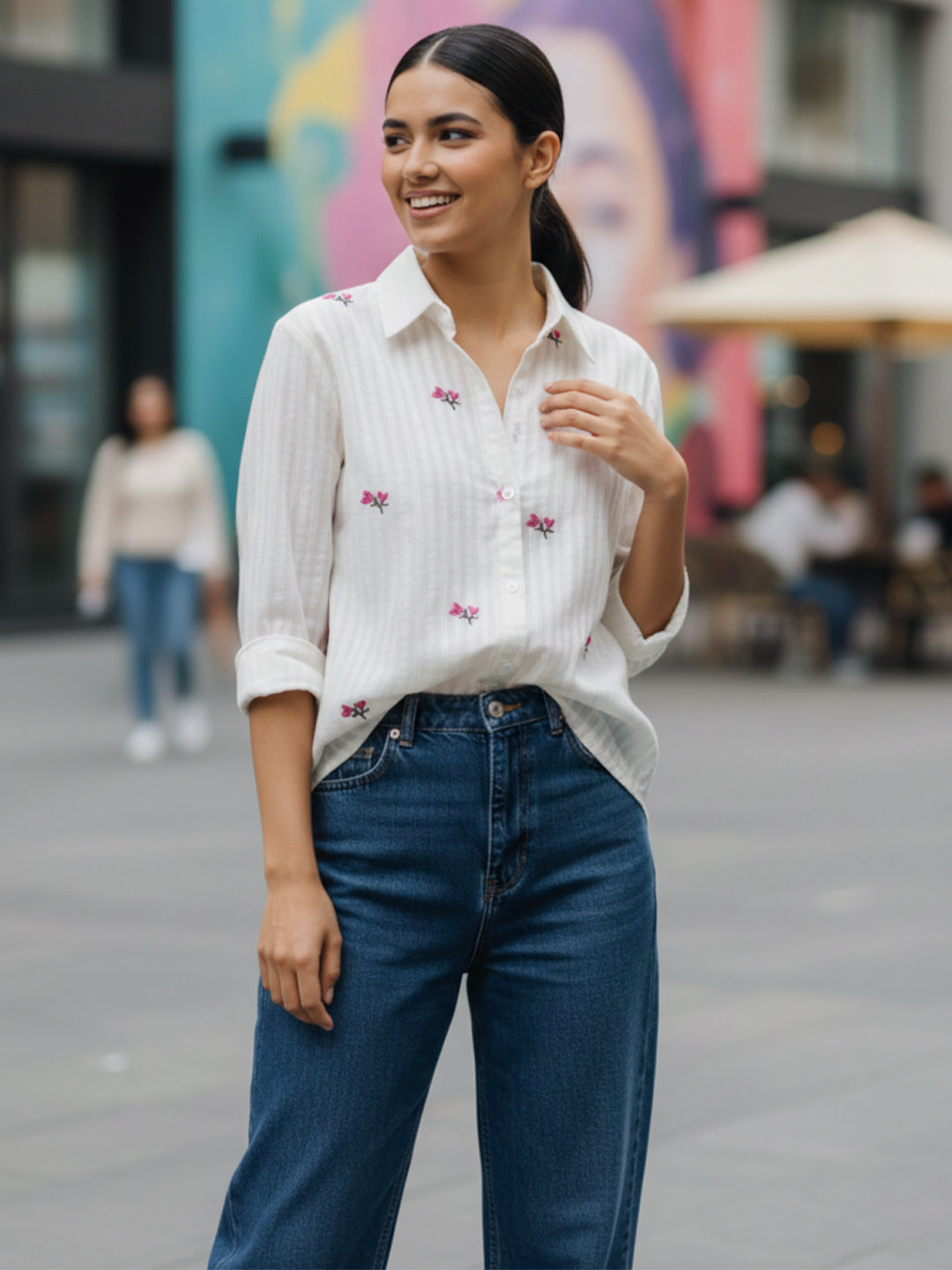 Elegant White Dobby Shirt with Delicate Floral Embroidery for Women – Regular Fit Casual & Party Wear Main image
