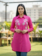 TerraDesi Rani Pink Botanical Embroidered Crepe Shirt – Bold Elegant Wear