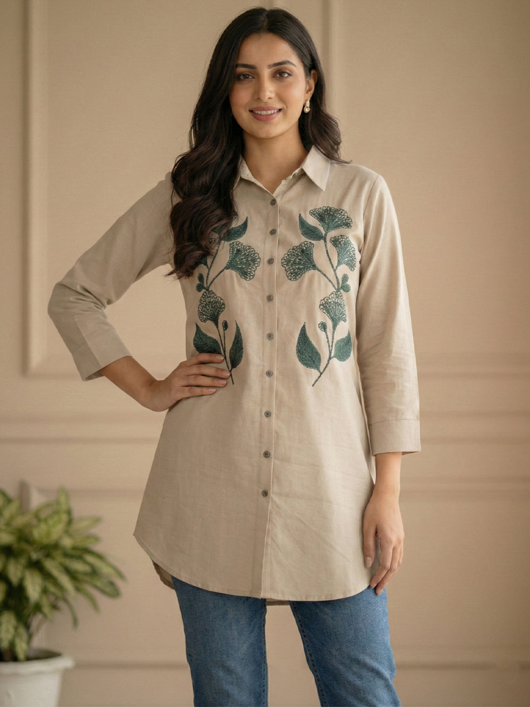 TerraDesi Sandstone Bloom Embroidered Crepe Shirt – Timeless Neutral Elegance