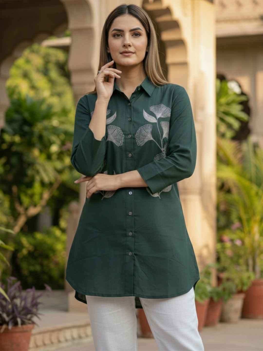 TerraDesi Forest Grace Embroidered Crepe Shirt – Nature-Inspired Elegance