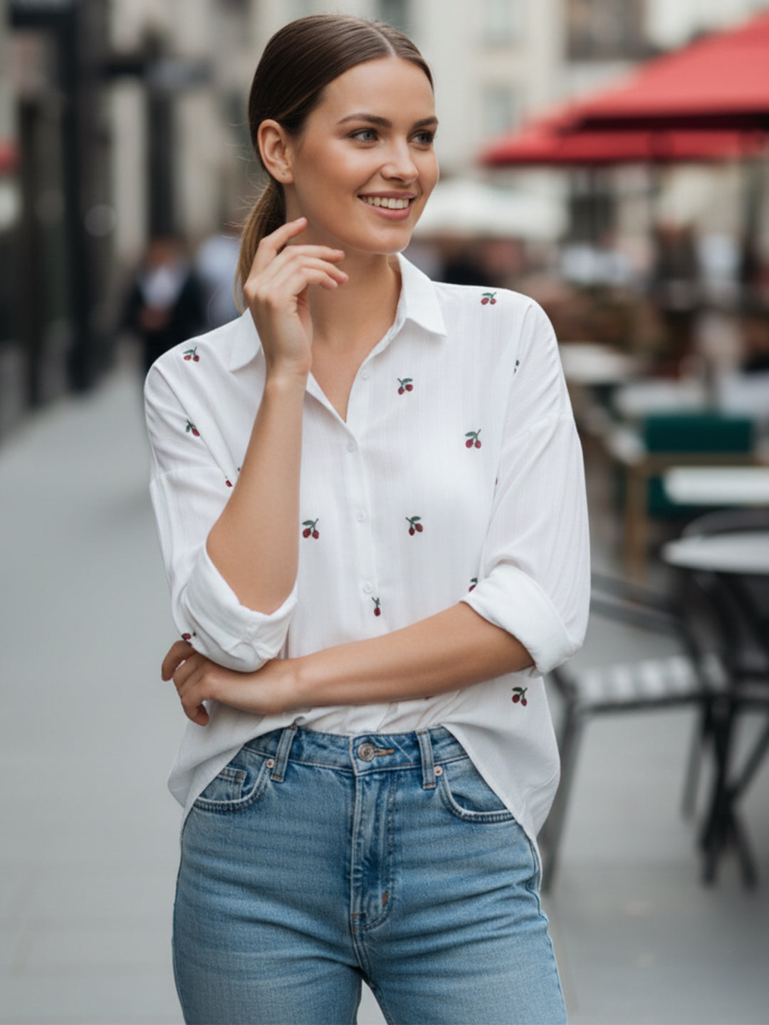 Cherry Muse White Dobby Shirt with Delicate Embroidery for Women Secondary image