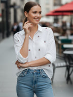Cherry Muse White Dobby Shirt with Delicate Embroidery for Women