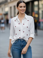 Elegant White Dobby Shirt with Heart Embroidery for Women – Regular Fit Casual & Party Wear