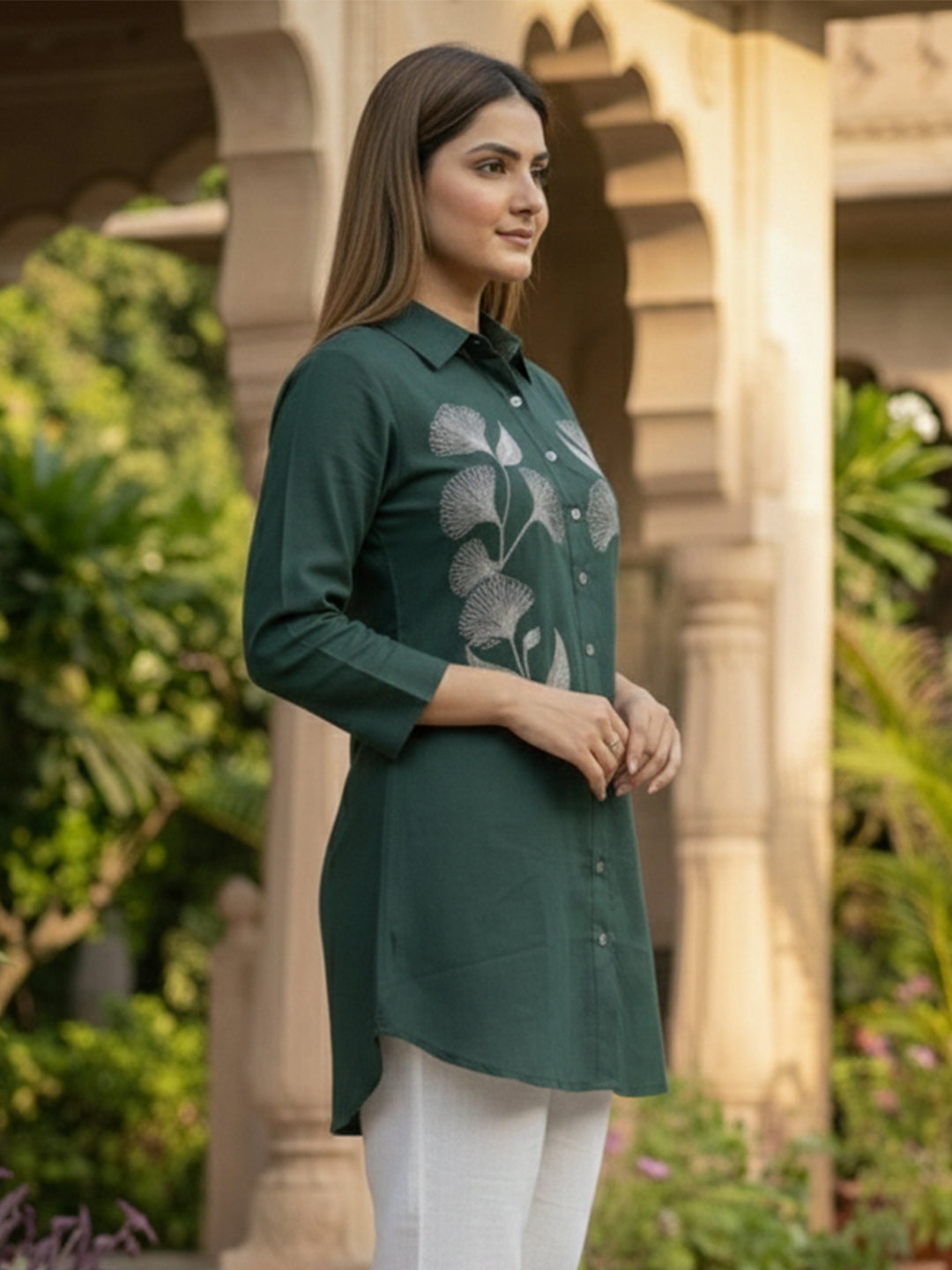 TerraDesi Forest Grace Embroidered Crepe Shirt – Nature-Inspired Elegance Secondary image