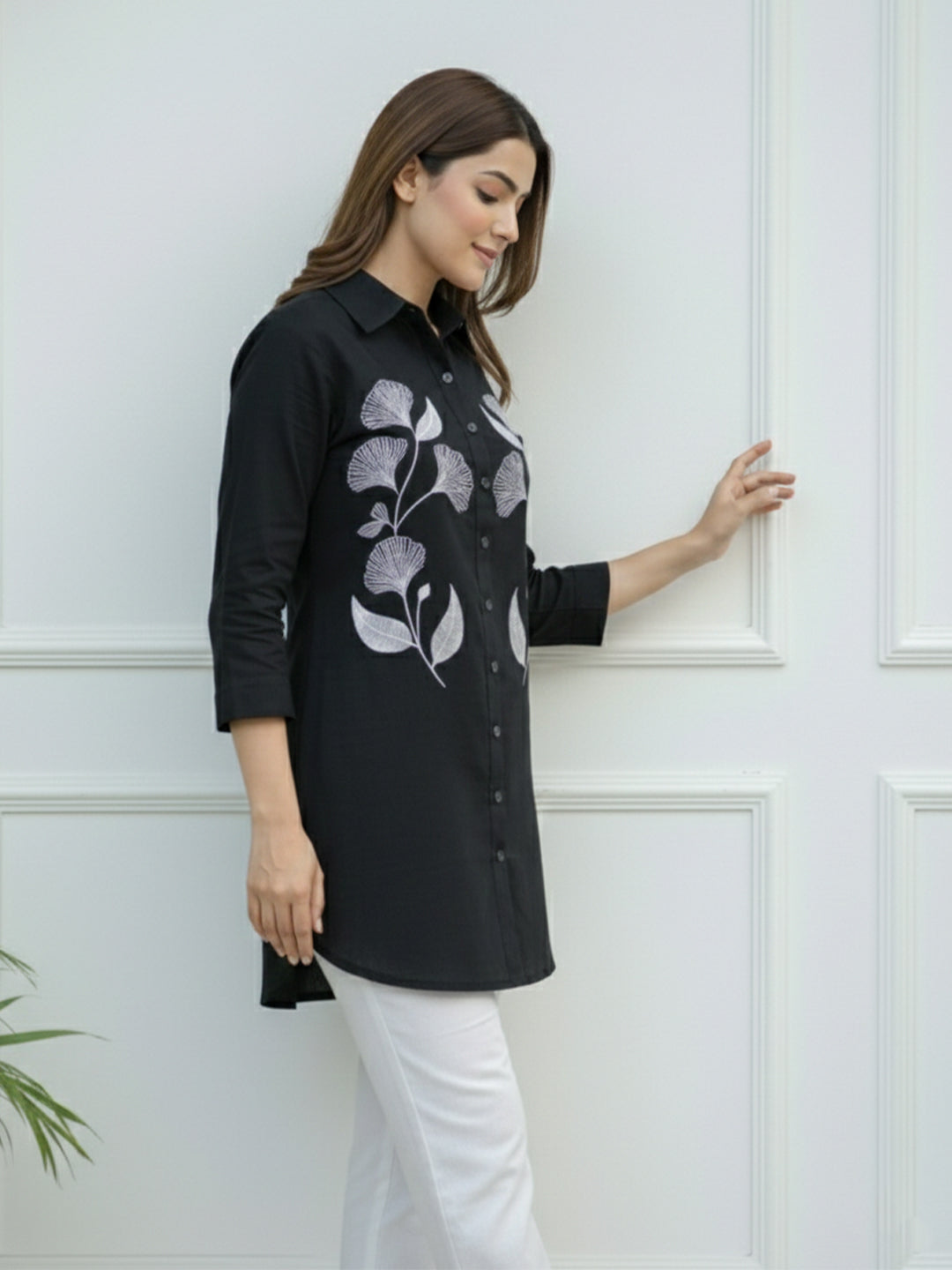 TerraDesi Noir Bloom Embroidered Crepe Shirt – Elegant Black Statement