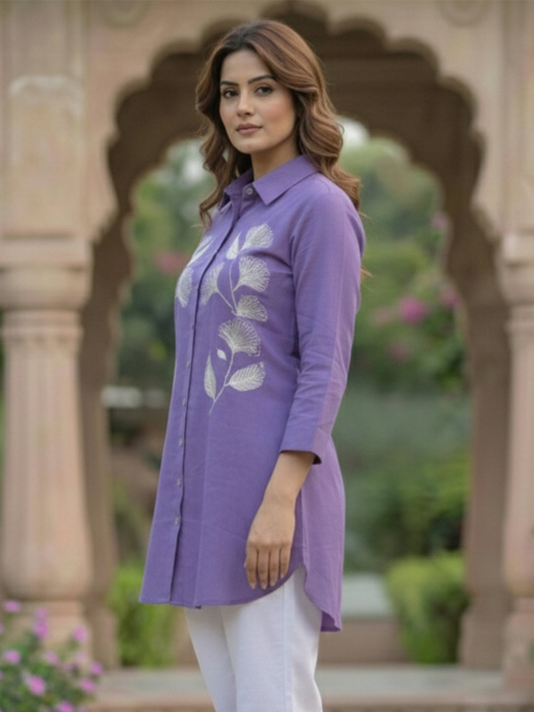 TerraDesi Lavender Bloom Embroidered Crepe Shirt – Soft Royal Elegance Secondary image