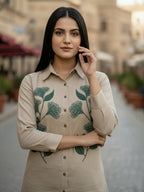 TerraDesi Sandstone Botanical Embroidered Crepe Shirt – Elegant Heritage Wear